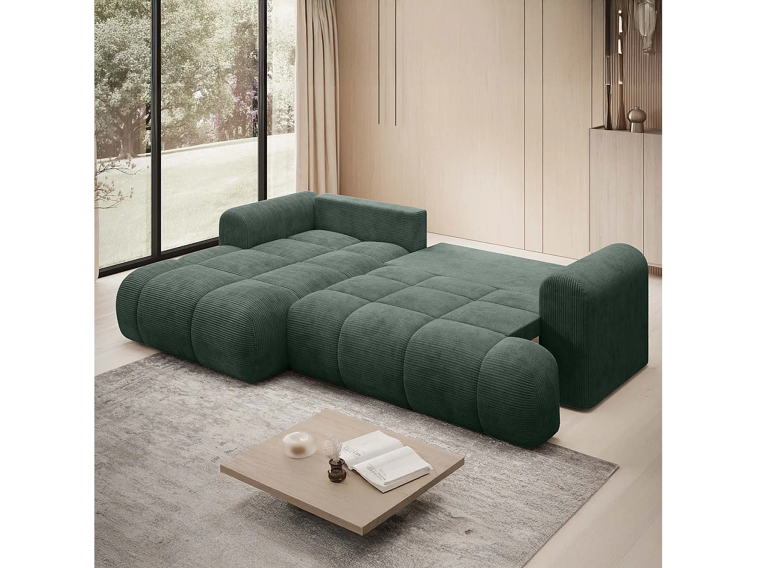 Canapé d'angle gauche convertible Basile velours côtelé Vert
