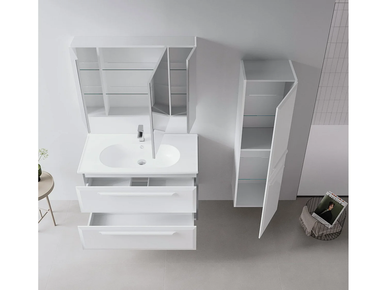 Wastafelmeubel met spiegel (2-delig) "Nuvola 100 v2" - 100 x 50 x 62 cm - Wit