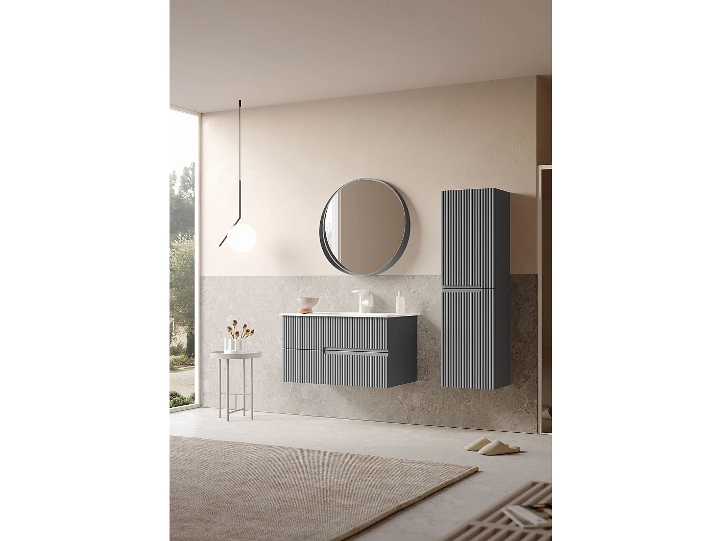 "Moonlight 90 v2" Dekorativ Träspegel - Matt Grå, LED-belyst, 90x90x7 cm, Modern Design