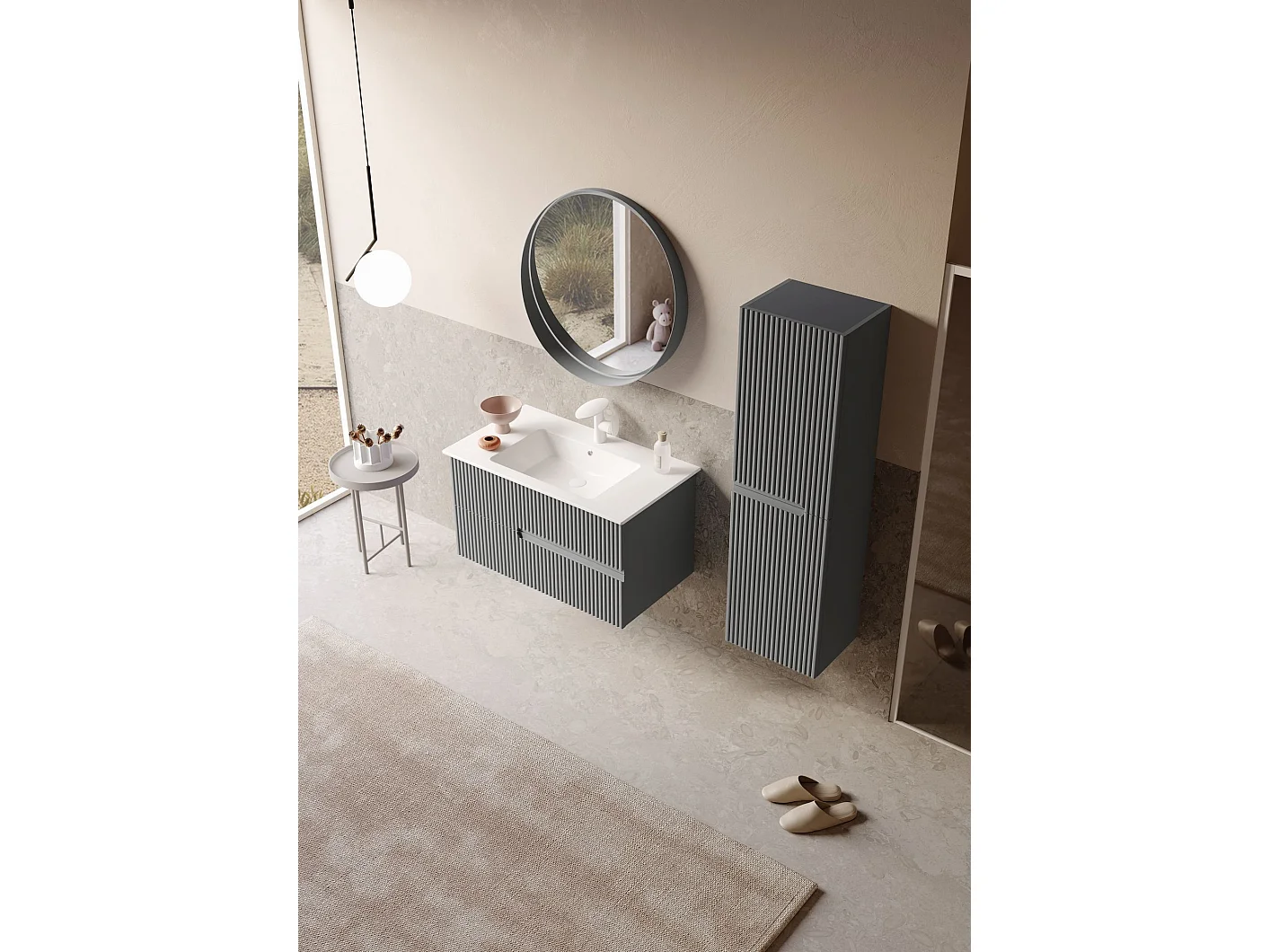 "Moonlight 90 v2" Dekorativ Träspegel - Matt Grå, LED-belyst, 90x90x7 cm, Modern Design