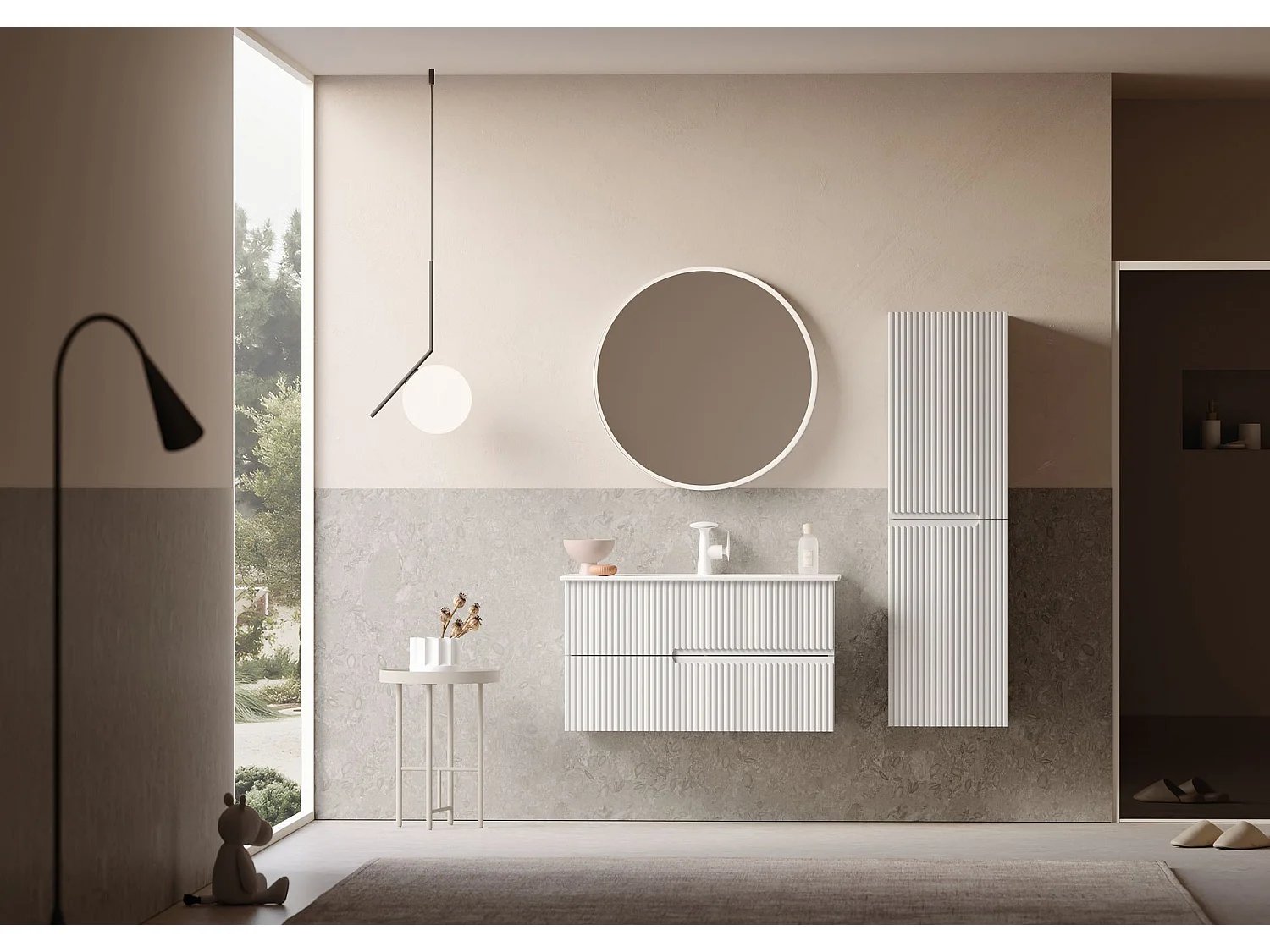 "Moonlight 90 v2" Dekorativ Träspegel - Matt Vit LED-belyst Rund Ram - 90x90 cm
