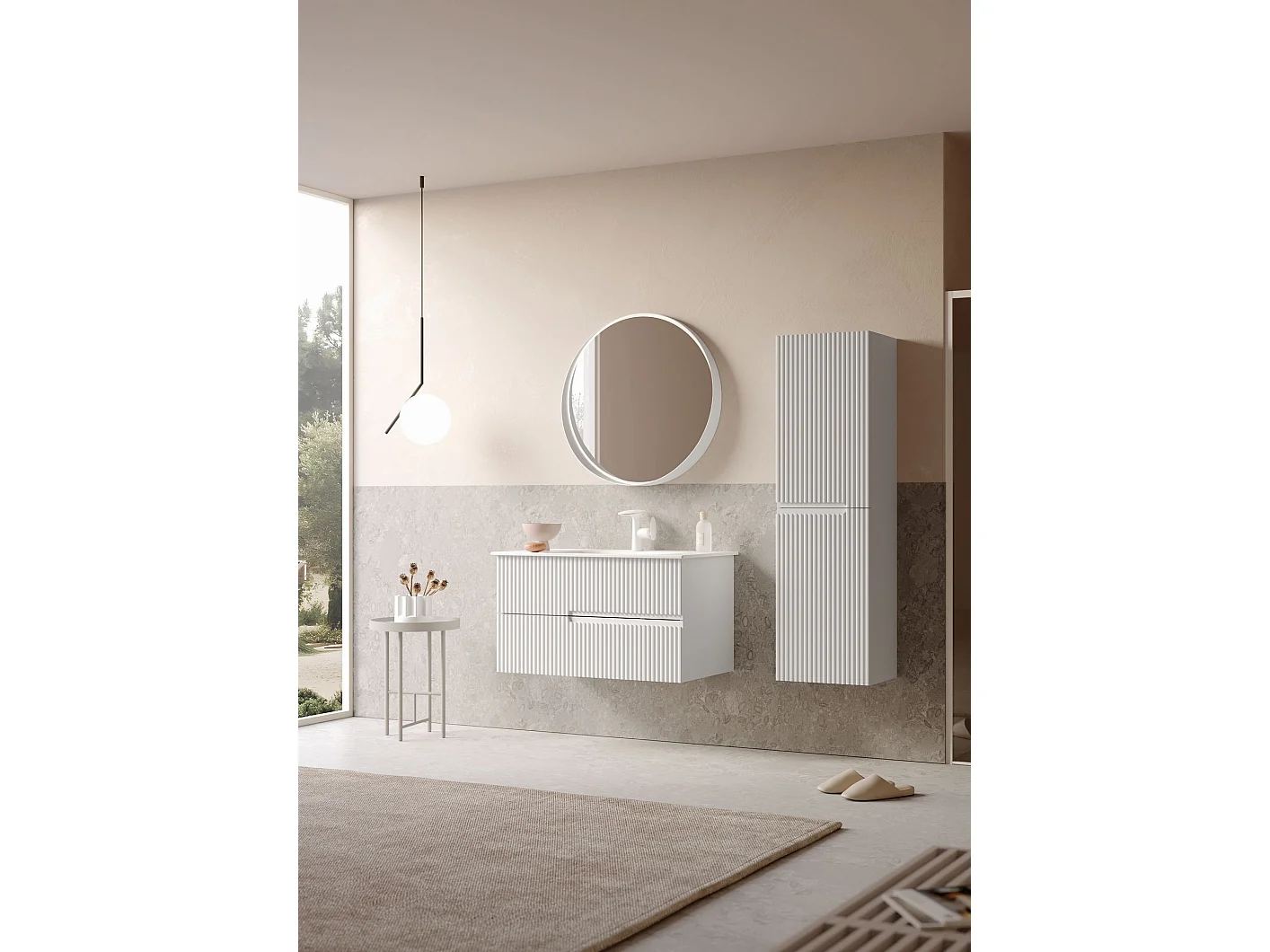"Moonlight 90 v2" Dekorativ Träspegel - Matt Vit LED-belyst Rund Ram - 90x90 cm