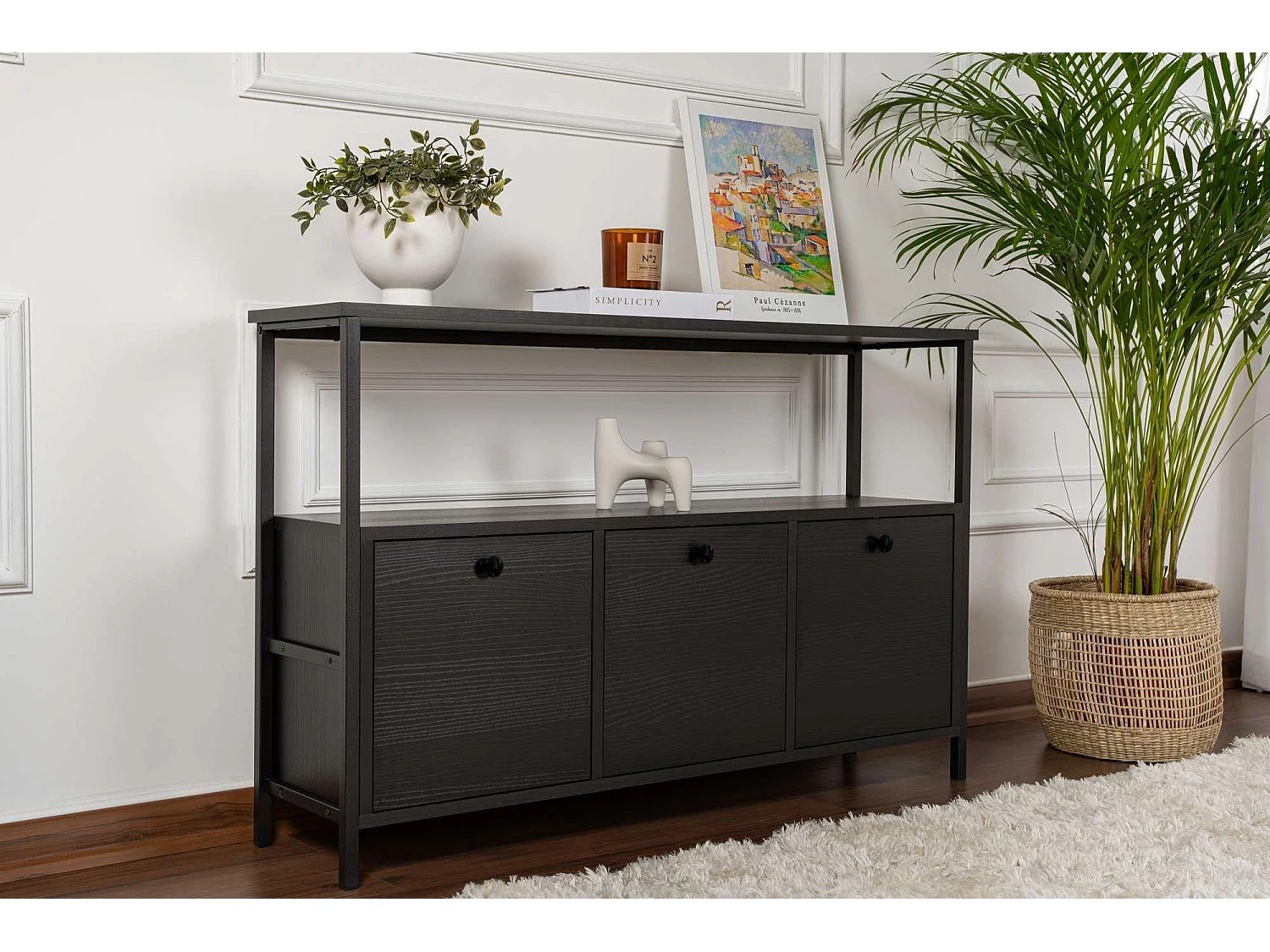 "Moderne Zwarte Houten Dressoir Solace - 120 x 30 x 77 cm - 3 Zwaaiende Deuren"