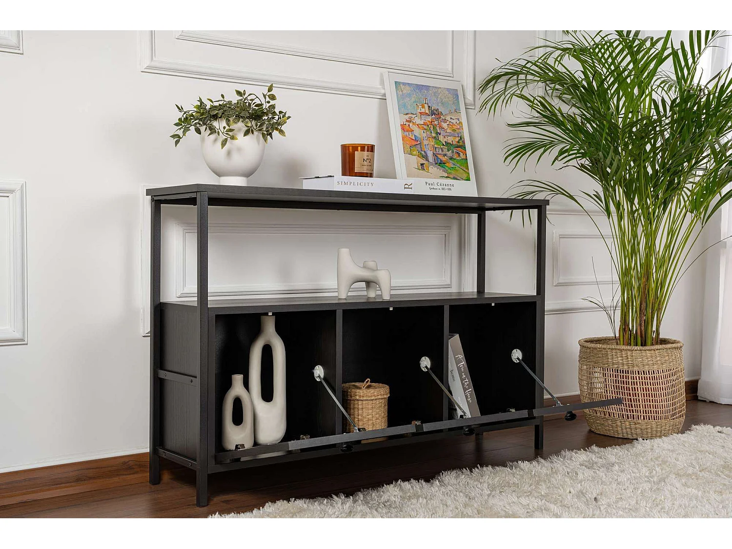 "Moderne Zwarte Houten Dressoir Solace - 120 x 30 x 77 cm - 3 Zwaaiende Deuren"