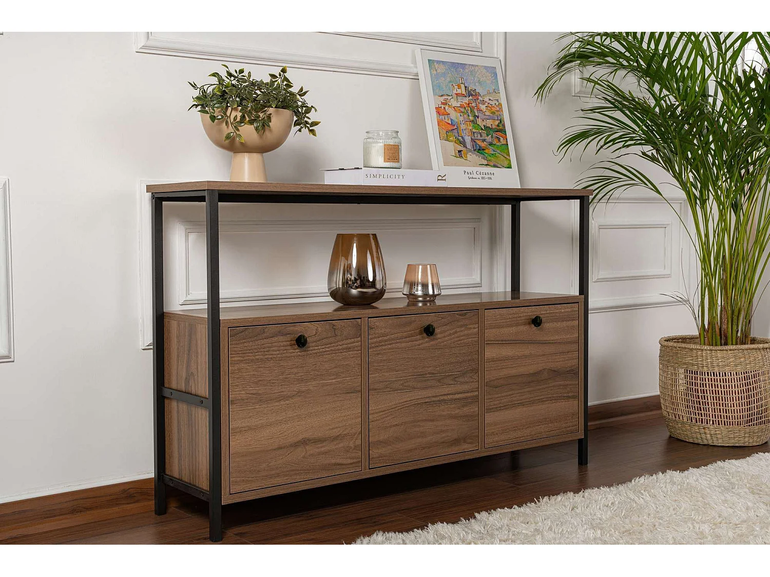 "Moderne Houten Dressoir Solace - Bruin - 120 x 30 x 77 cm - 3 Deuren - Stijlvol Ontwerp"