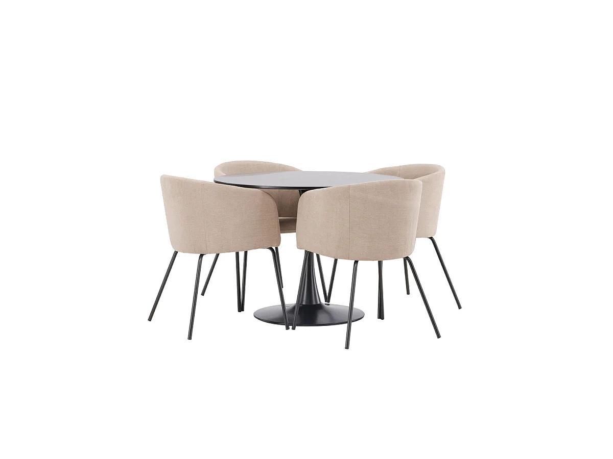 Ensemble Table à Manger & 4 Chaises "Glade & Berit" 100cm Noir & Beige