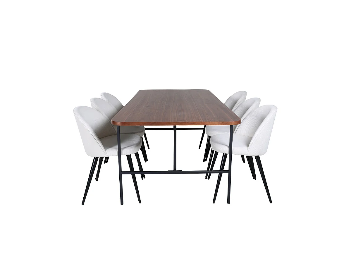 Ensemble Table à Manger & 6 Chaises "Uno & Corduroy" 200cm Blanc Crème & Marron