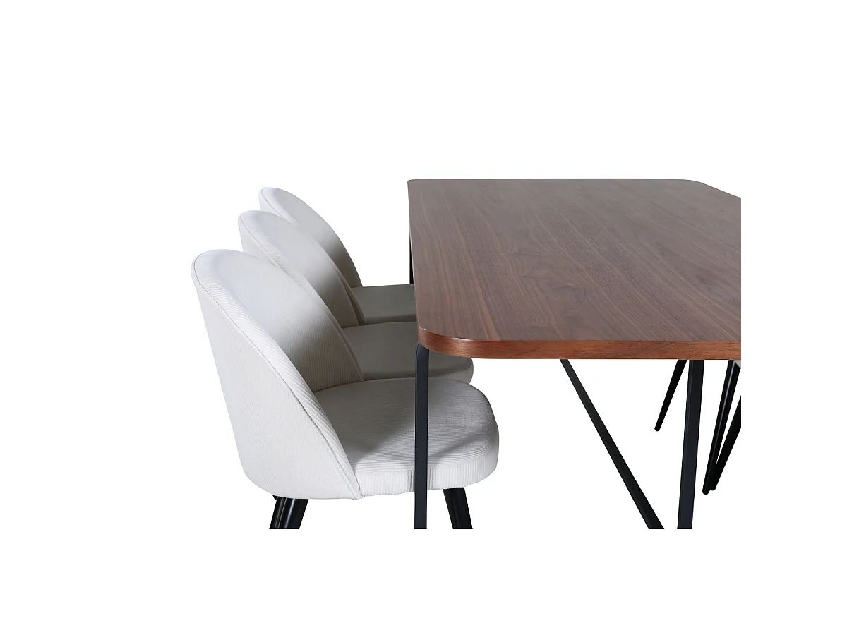 Ensemble Table à Manger & 6 Chaises "Uno & Corduroy" 200cm Blanc Crème & Marron