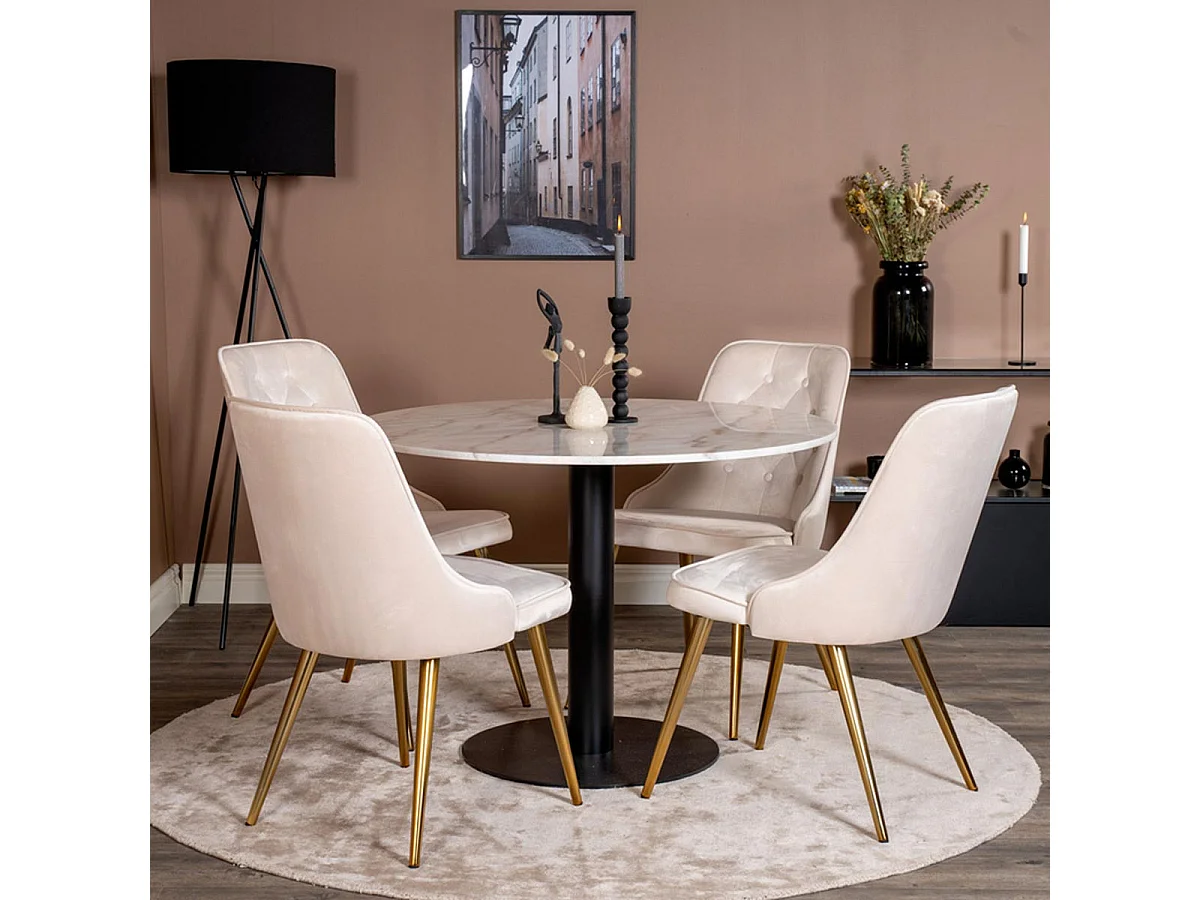 Ensemble Table à Manger & 4 Chaises "Estelle I & Deluxe II" 106cm Blanc & Beige