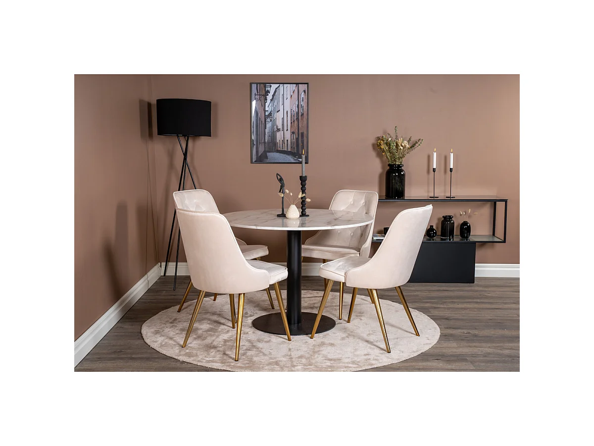 Ensemble Table à Manger & 4 Chaises "Estelle I & Deluxe II" 106cm Blanc & Beige