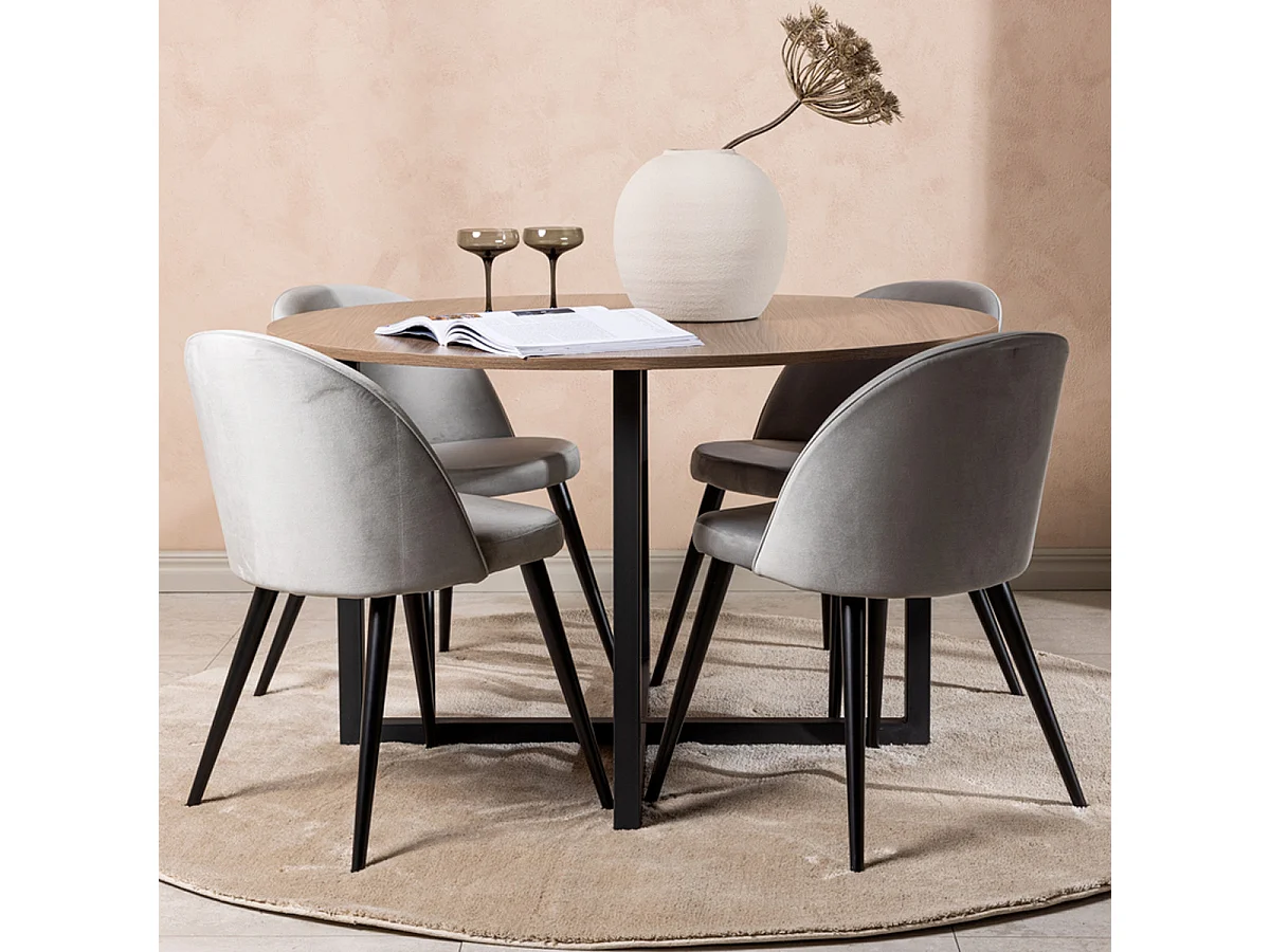 Ensemble Table à Manger & 4 Chaises "Durango & Velvet" 120cm Noyer & Gris