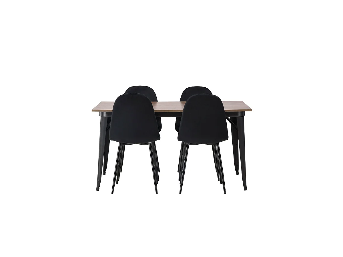 Ensemble Table à Manger & 4 Chaises en Velours "Tempe & Polar" 140cm Naturel & Noir