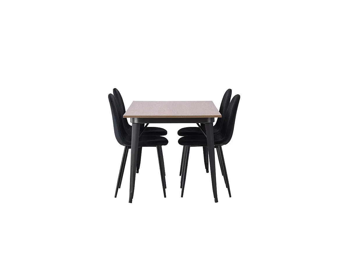 Ensemble Table à Manger & 4 Chaises en Velours "Tempe & Polar" 140cm Naturel & Noir