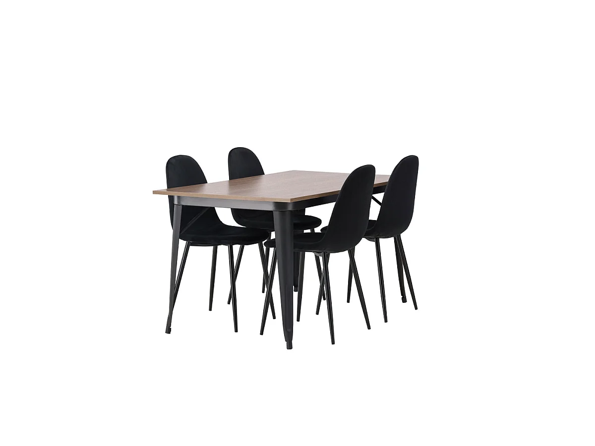 Ensemble Table à Manger & 4 Chaises en Velours "Tempe & Polar" 140cm Naturel & Noir