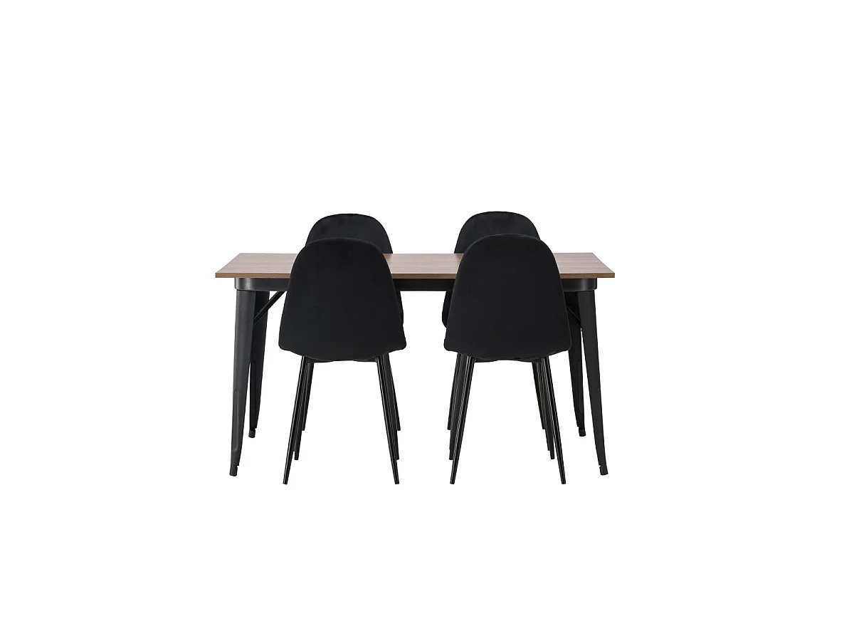 Ensemble Table à Manger & 4 Chaises en Velours "Tempe & Polar" 140cm Naturel & Noir