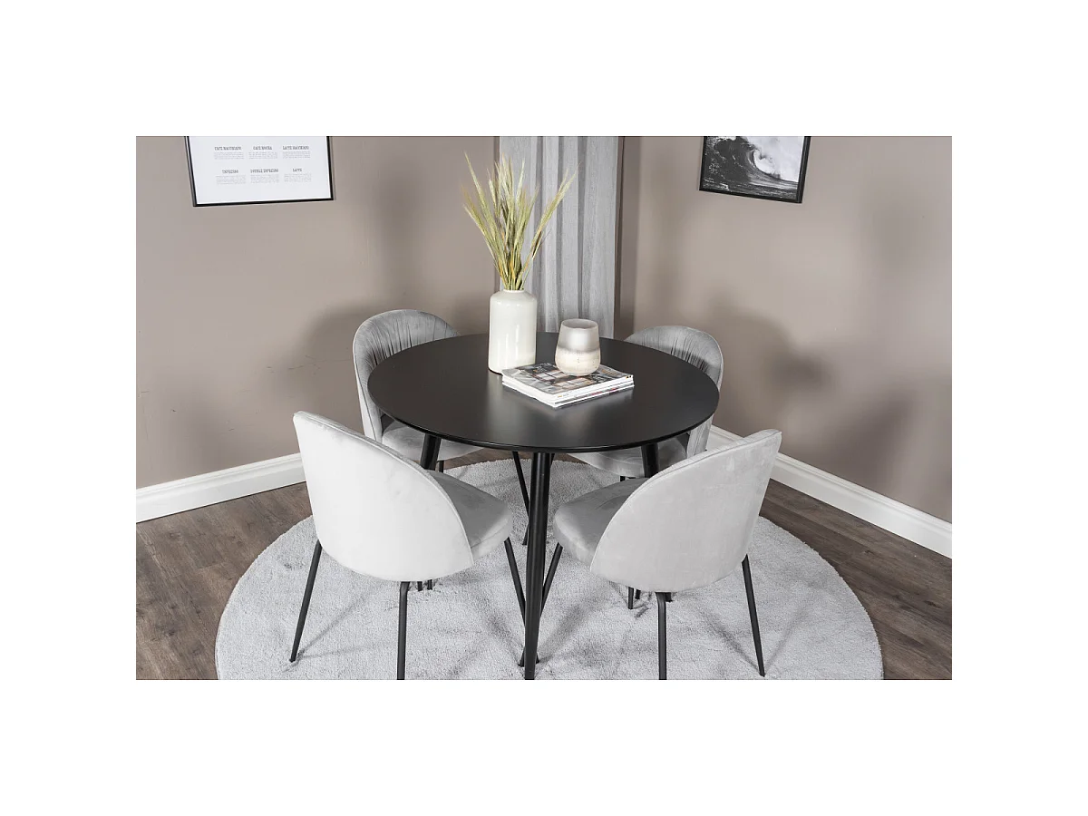 Ensemble Table à Manger & 4 Chaises "Plaza & Wrinkles" 100cm Noir & Gris