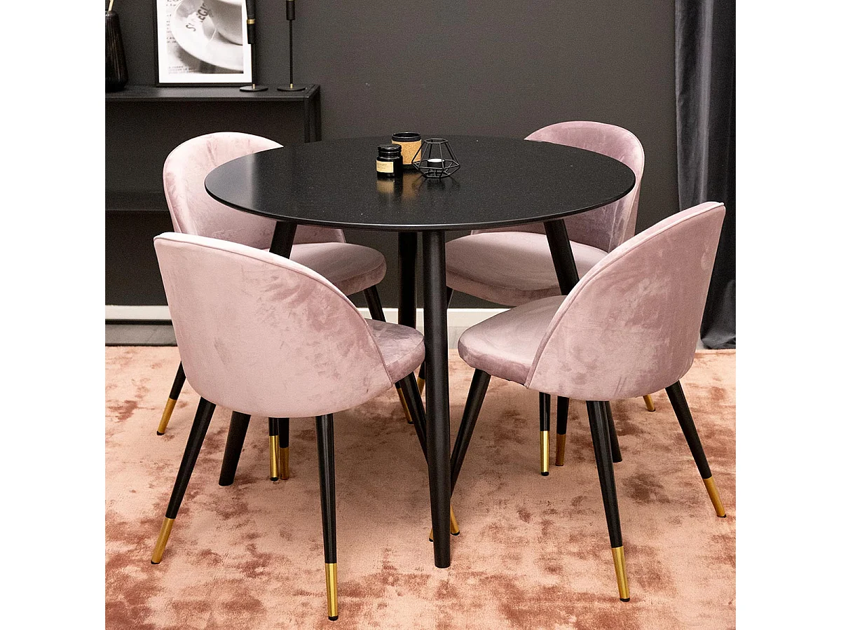 Ensemble Table de Repas & 4 Chaises en Velours "Plaza & Velvet" 100cm Noir & Rose Poudré