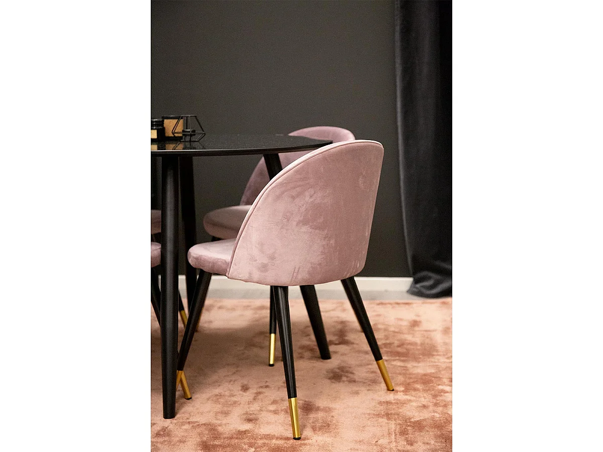 Ensemble Table de Repas & 4 Chaises en Velours "Plaza & Velvet" 100cm Noir & Rose Poudré