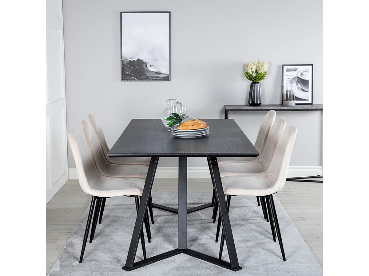Ensemble Table à Manger & 6 Chaises "Marina & Polar" 180cm Noir & Beige