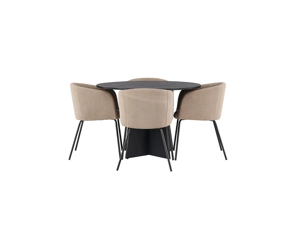 Ensemble Table à Manger & 4 Chaises "Bootcut & Berit" 110cm Noir & Beige Foncé