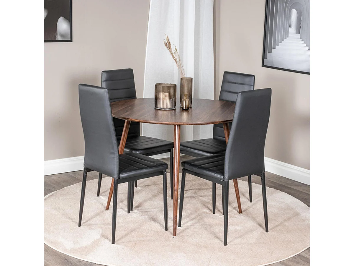 Ensemble Table à Manger & 4 Chaises "Plaza & Slim" 100cm Noyer & Noir