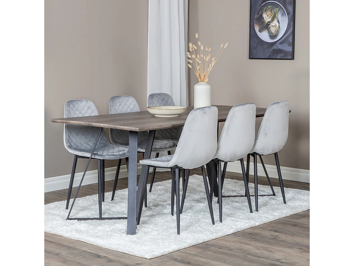 Ensemble Table à Manger & 6 Chaises Design "Marina & Polar" 180cm Naturel & Gris