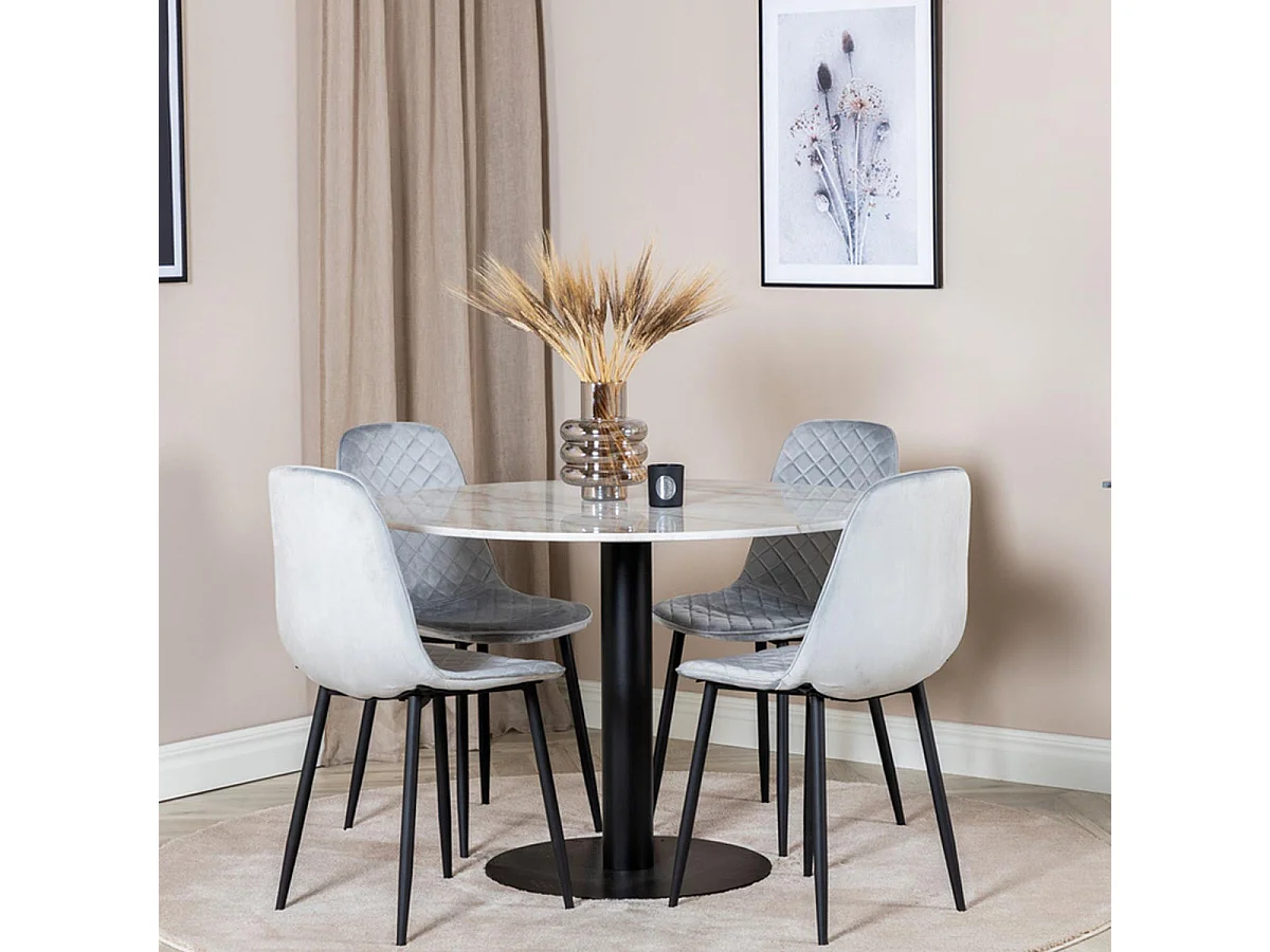 Ensemble Table à Manger & 4 Chaises Design "Estelle I & Polar" 106cm Blanc & Gris
