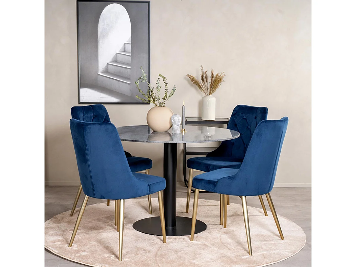 Ensemble Table à Manger & 4 Chaises "Estelle I & Deluxe II" 106cm Gris Foncé & Bleu