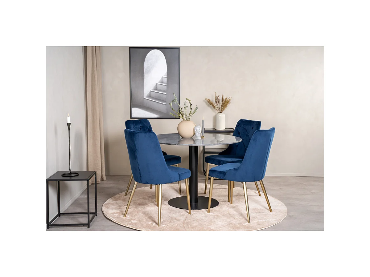 Ensemble Table à Manger & 4 Chaises "Estelle I & Deluxe II" 106cm Gris Foncé & Bleu