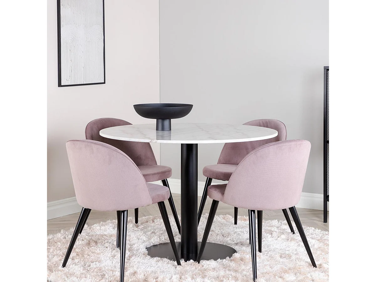 Ensemble Table à Manger & 4 Chaises "Estelle & Velvet" 106cm Blanc & Rose