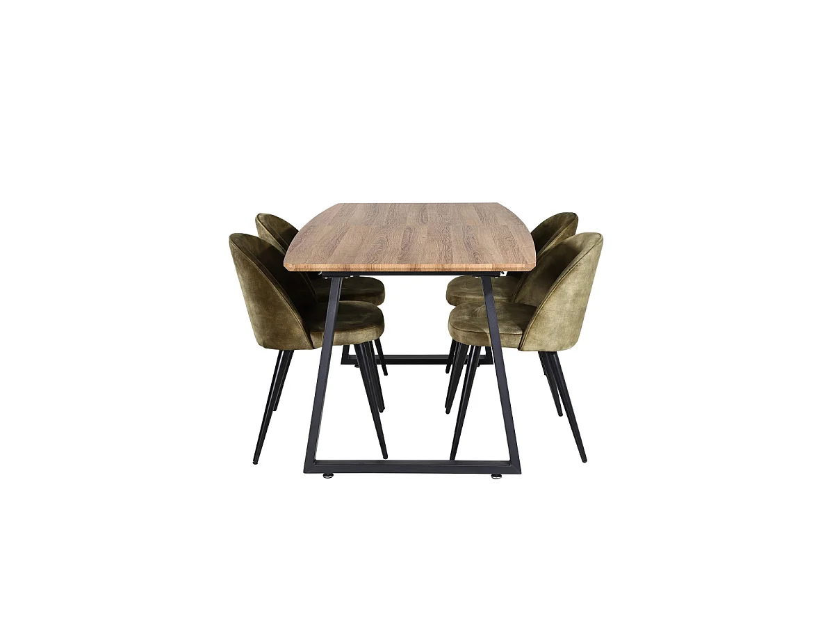 Ensemble Table à Manger Extensible & 4 Chaises "Inca & Velvet" 160-200cm Noyer & Vert