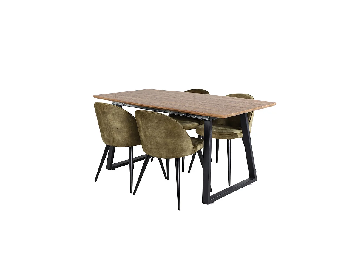 Ensemble Table à Manger Extensible & 4 Chaises "Inca & Velvet" 160-200cm Noyer & Vert