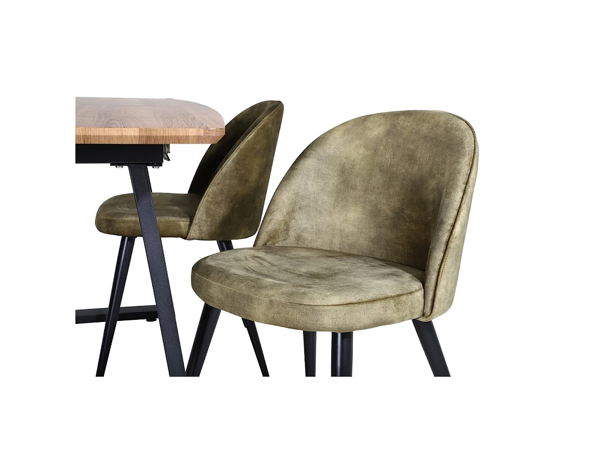 Ensemble Table à Manger Extensible & 4 Chaises "Inca & Velvet" 160-200cm Noyer & Vert