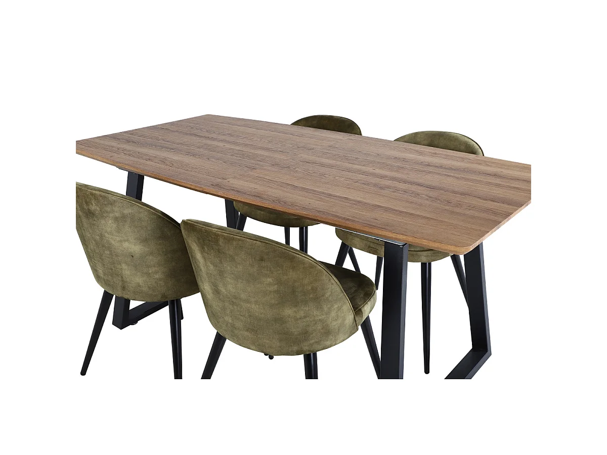 Ensemble Table à Manger Extensible & 4 Chaises "Inca & Velvet" 160-200cm Noyer & Vert