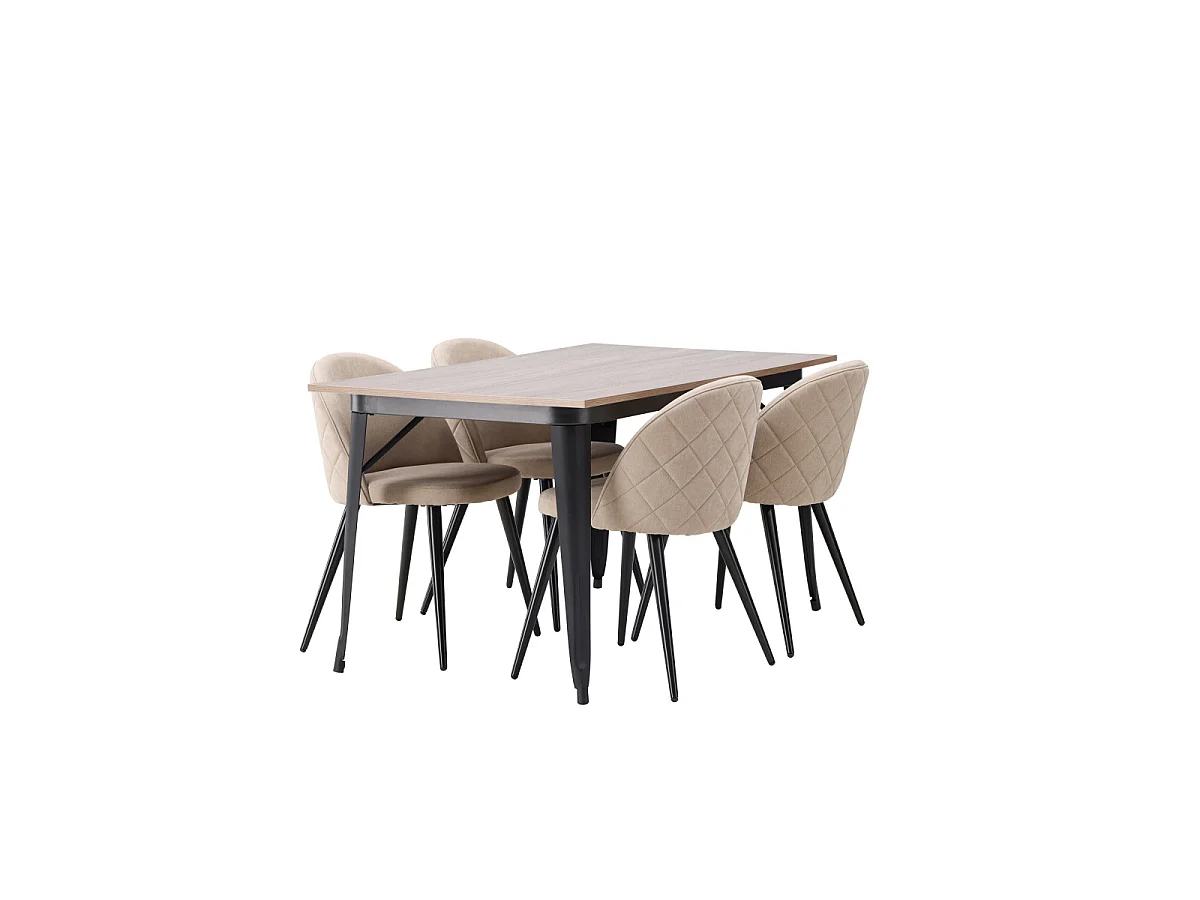 Ensemble Table à Manger & 4 Chaises "Tempe & Velvet" 140cm Naturel & Beige