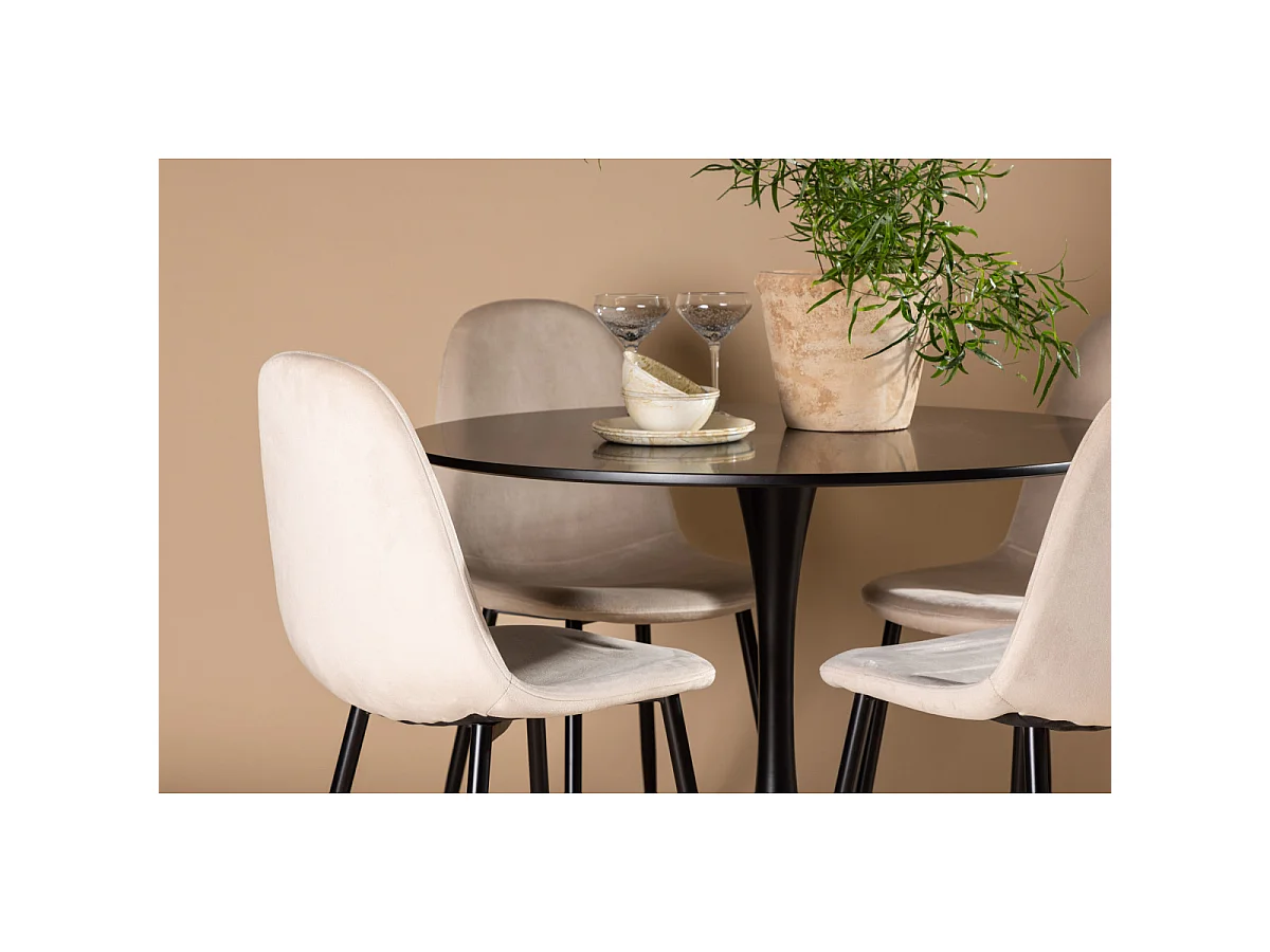 Ensemble Table à Manger & 4 Chaises "Glade & Polar" 100cm Noir & Beige
