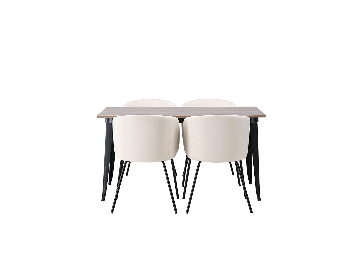 Ensemble Table à Manger & 4 Chaises Velours "Tempe & Berit" 140cm Naturel & Beige