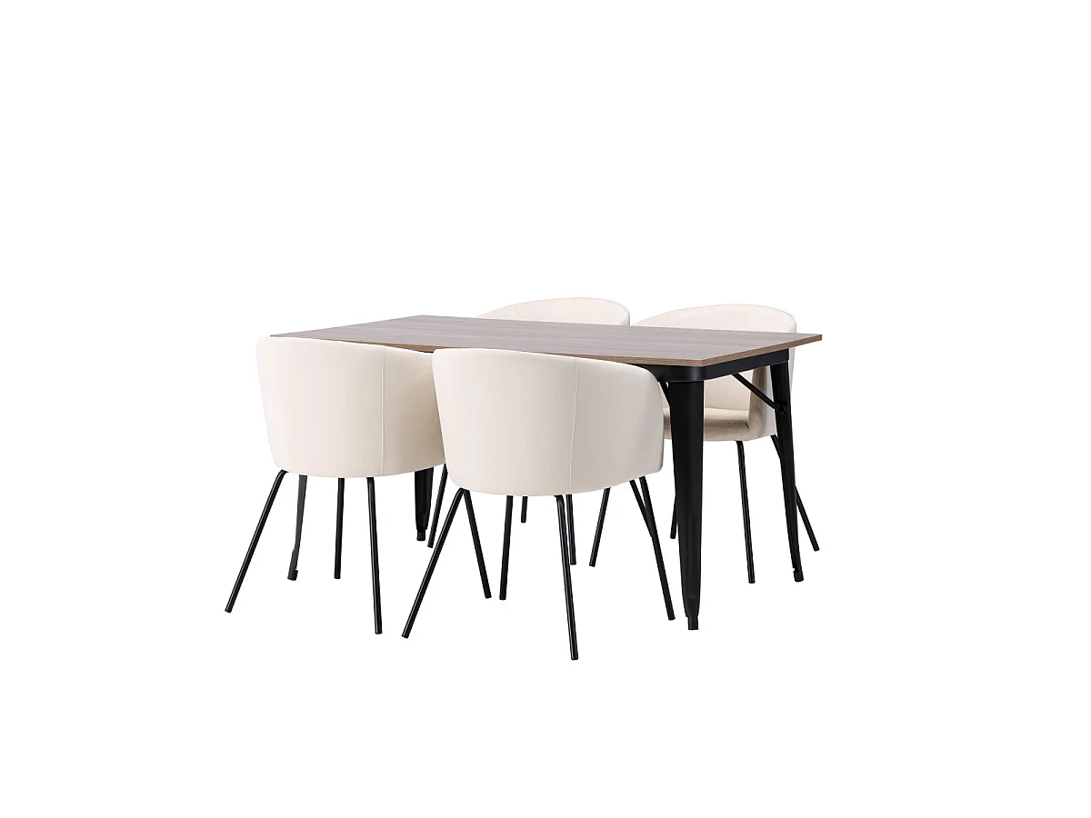 Ensemble Table à Manger & 4 Chaises Velours "Tempe & Berit" 140cm Naturel & Beige
