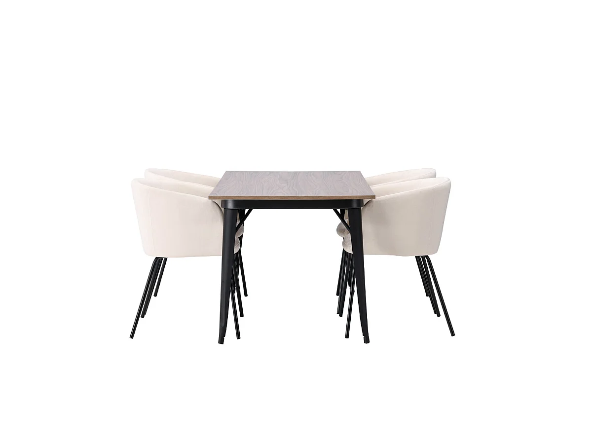 Ensemble Table à Manger & 4 Chaises Velours "Tempe & Berit" 140cm Naturel & Beige