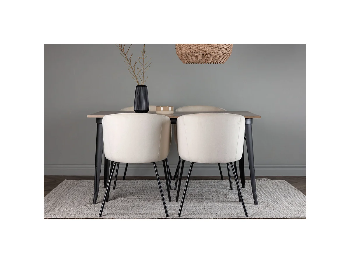 Ensemble Table à Manger & 4 Chaises Velours "Tempe & Berit" 140cm Naturel & Beige