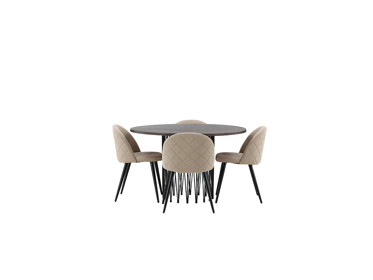 Ensemble Table à Manger & 4 Chaises "Stone & Velvet" 120cm Beige & Moka
