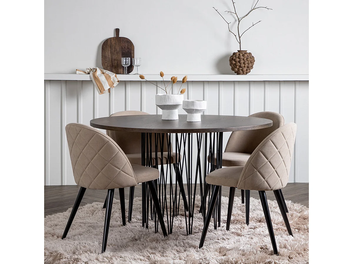 Ensemble Table à Manger & 4 Chaises "Stone & Velvet" 120cm Beige & Moka