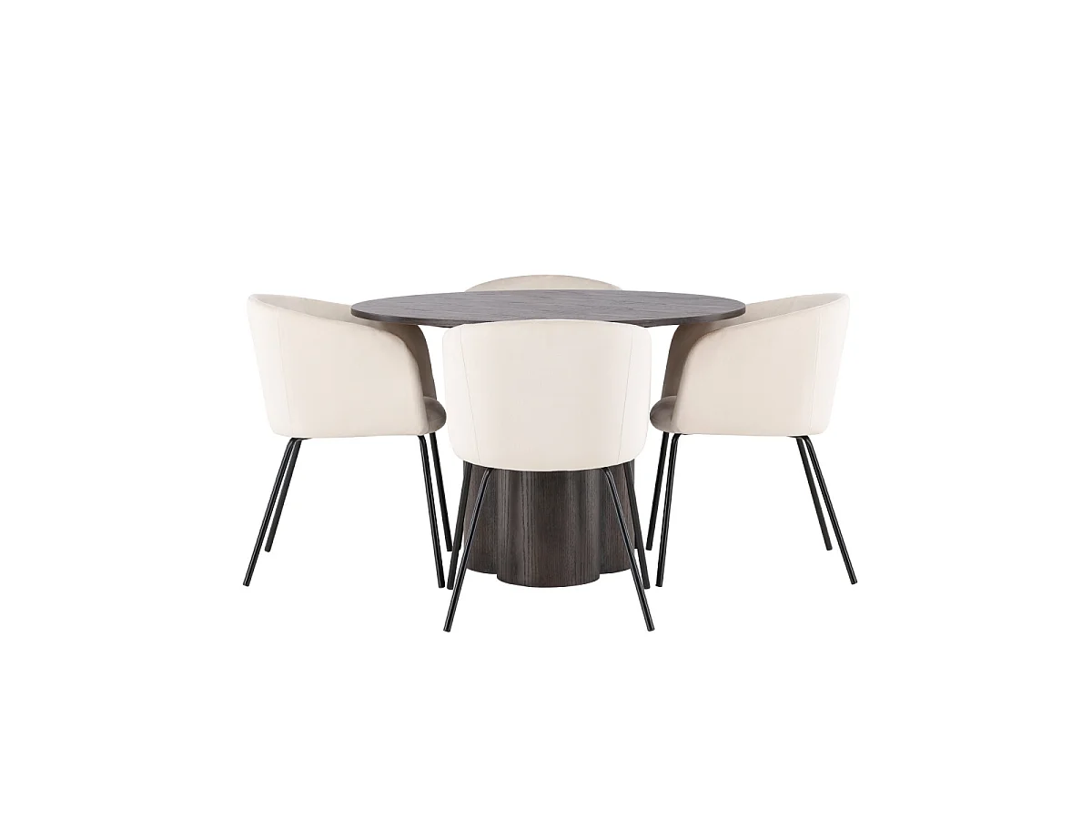 Ensemble Table à Manger & 4 Chaises en Velours "Olivia & Berit" 110cm Moka & Beige
