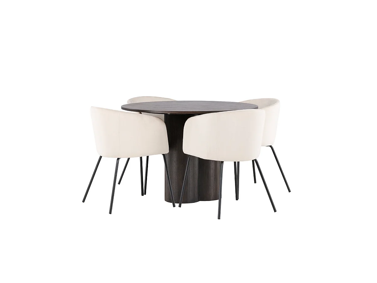 Ensemble Table à Manger & 4 Chaises en Velours "Olivia & Berit" 110cm Moka & Beige