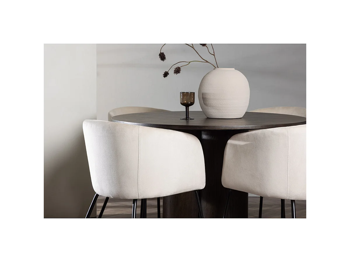 Ensemble Table à Manger & 4 Chaises en Velours "Olivia & Berit" 110cm Moka & Beige