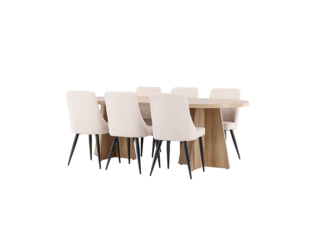 Ensemble Table à Manger & 6 Chaises "Bootcut & Leone" 230cm Naturel & Beige