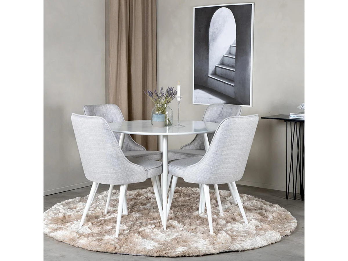 Ensemble Table à Manger & 4 Chaises "Plaza & Deluxe" 100cm Blanc & Gris