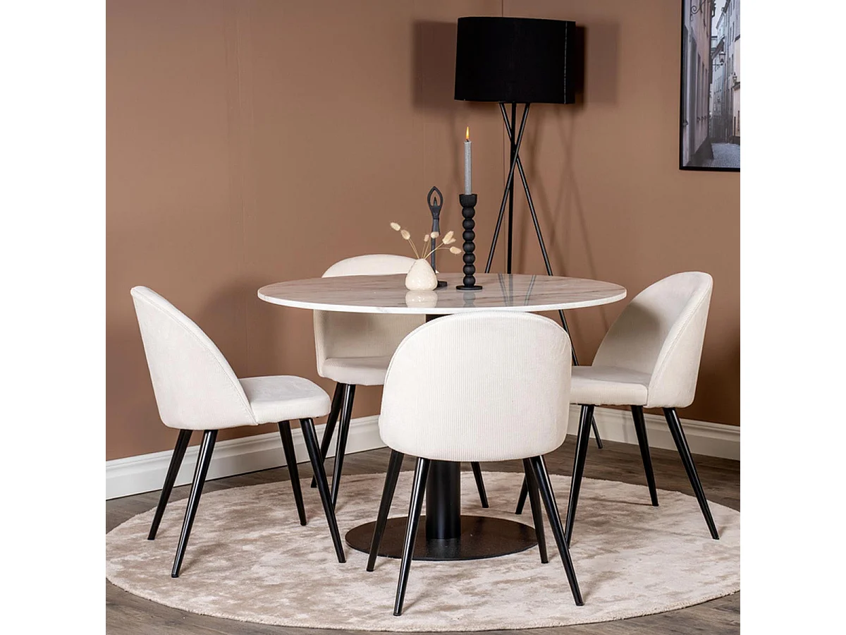 Ensemble Table à Manger & 4 Chaises "Estelle & Velvet" 106cm Blanc & Crème