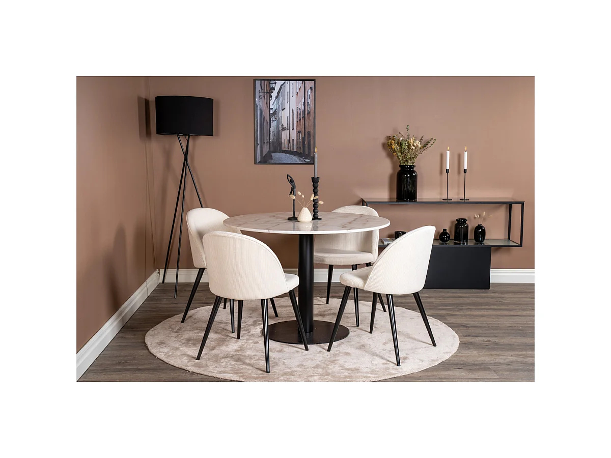 Ensemble Table à Manger & 4 Chaises "Estelle & Velvet" 106cm Blanc & Crème