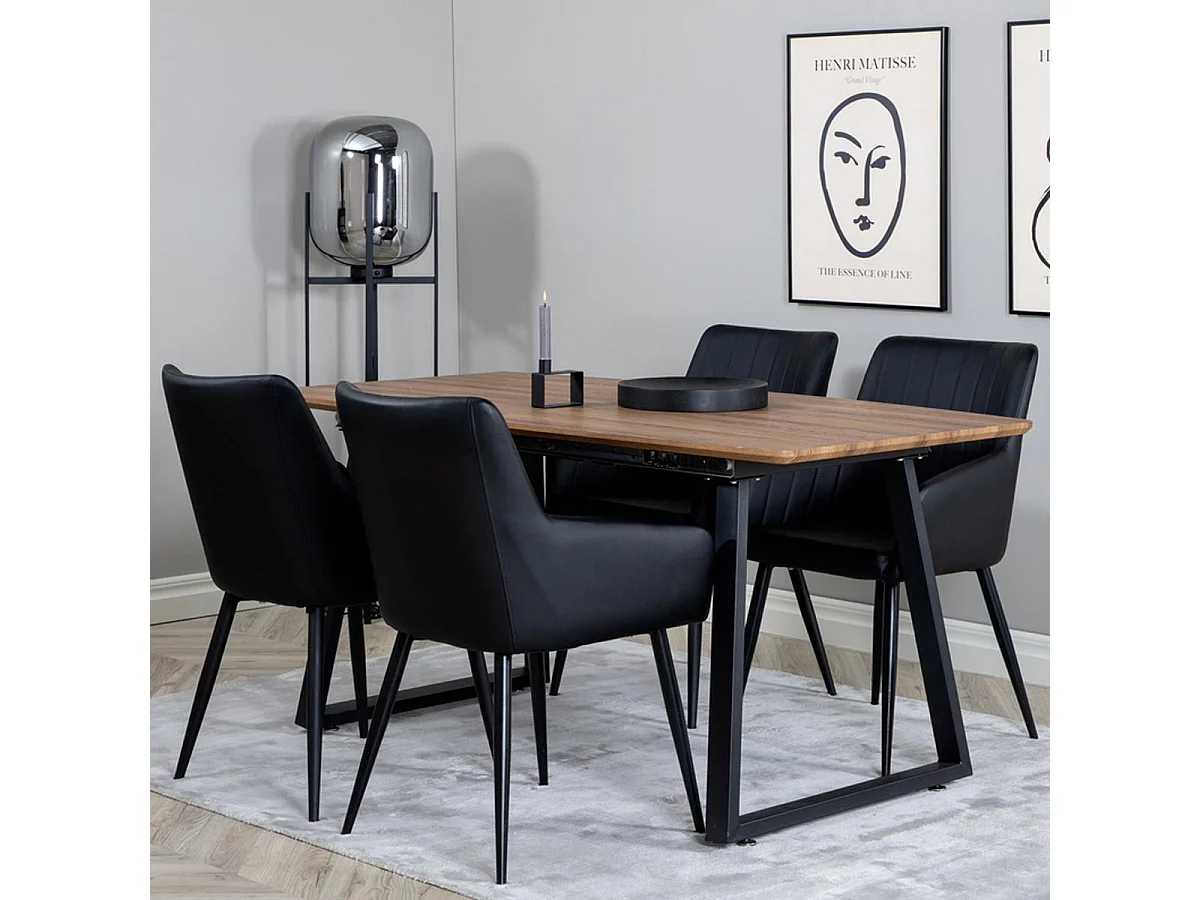 Ensemble Table à Manger Extensible & 4 Chaises "Inca & Comfort" 160-200cm Noyer & Noir